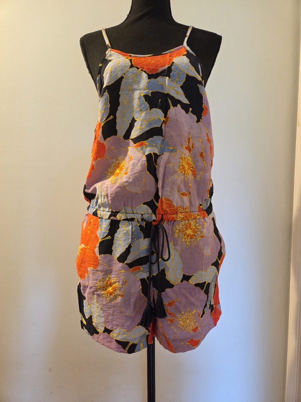 LOFT Black Floral Spaghetti-Strap Romper with Orange & Lavender Bloom - Picture 2 of 9